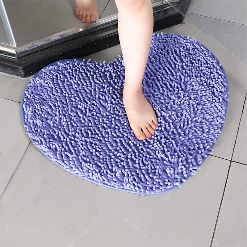 Heart Shaped Chenille Bath Rugs Soft Absorbent Shaggy Bath Mats Non-Slip Plush Bath Carpet for Shower, Bedroom, Bathtub - Purple - 28" x 32"