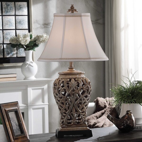 Traditional Table Lamp Open Lace Scroll in Savoy Silver Textile Shade Tan Silver