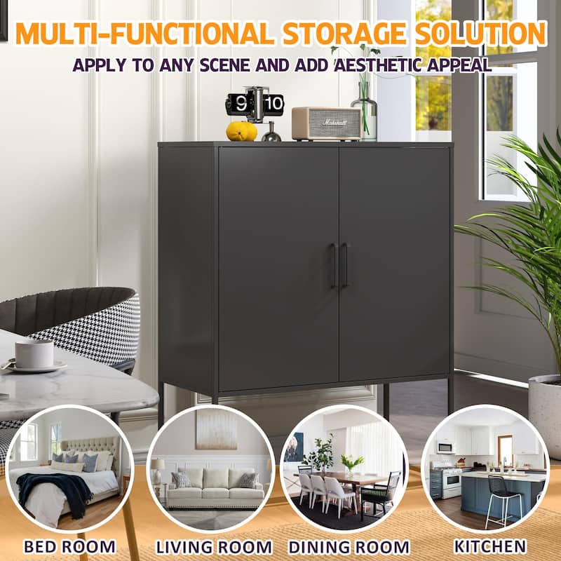Heavy Duty Metal Buffet Sideboard Modern Steel Storage Cabinet with 2 Shelves, Free Standing Accent Cabinet with Magnetic Doors