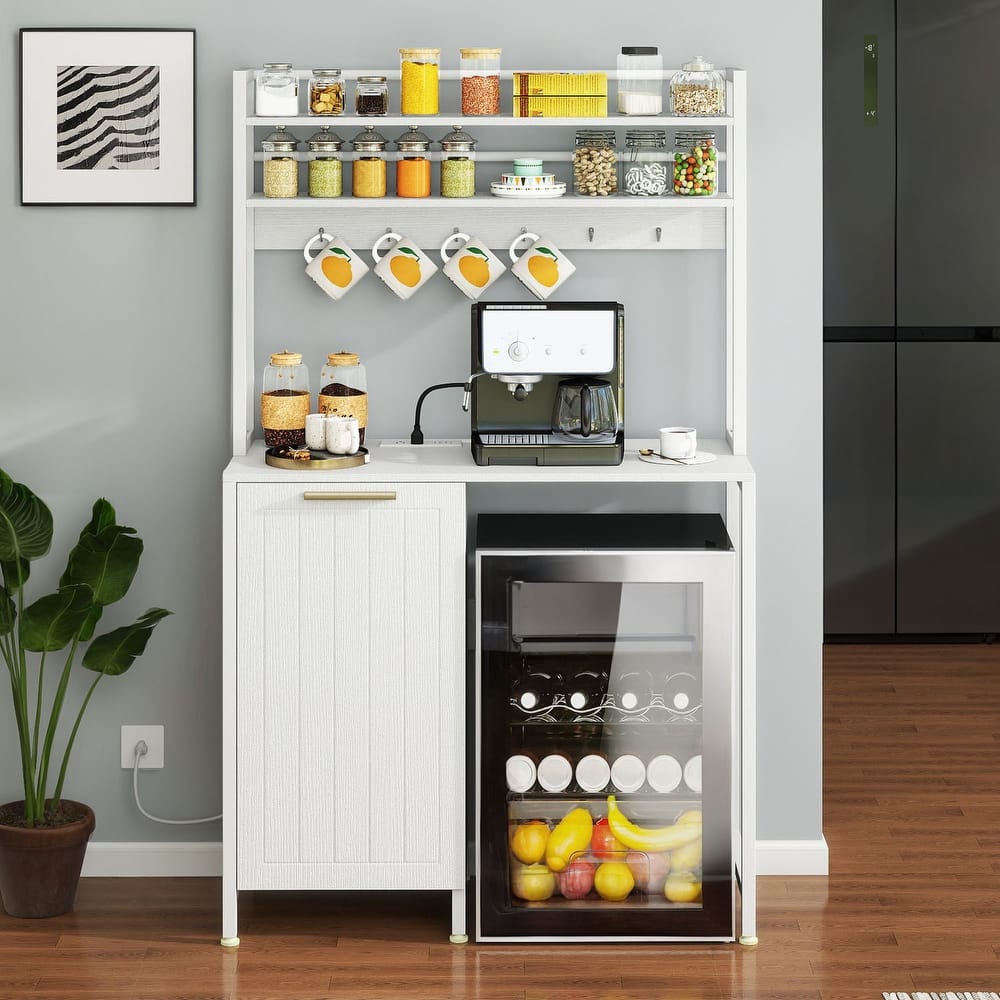Moasis Kitchen Bakers Rack Mini Fridge Dorm Station with Trash Can Cabinet and Charger Station
