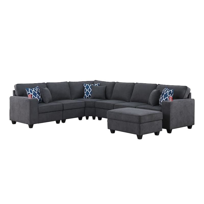 7 Piece Woven Upholstered Sectional Sofa with Ottoman in Stone Gray