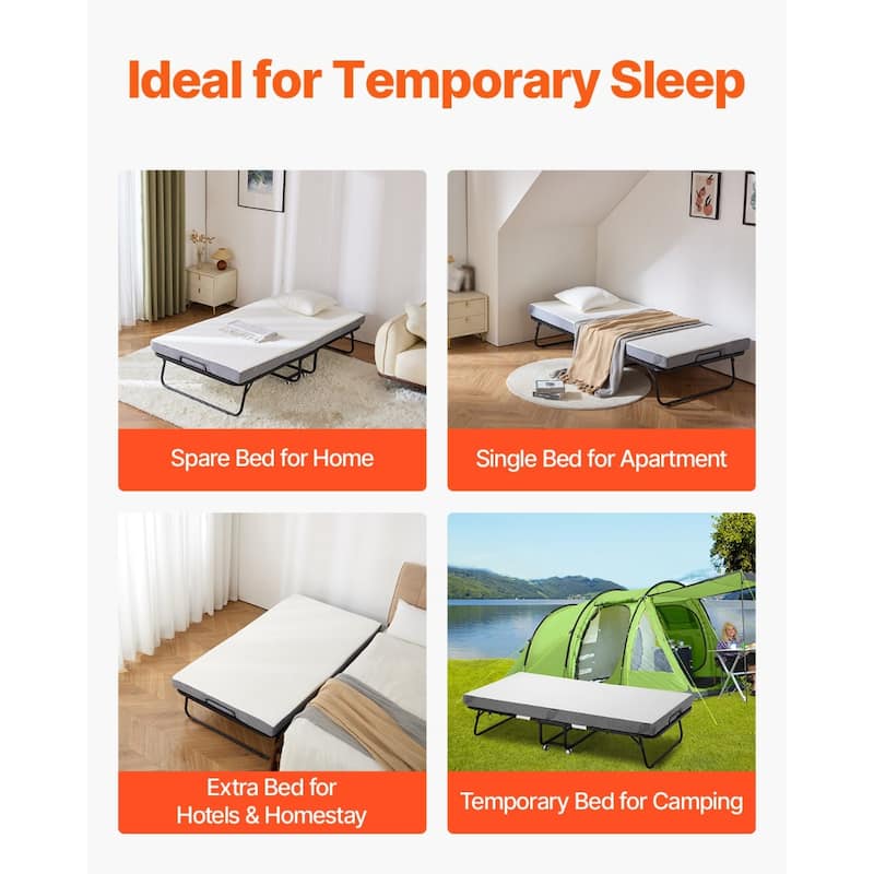Rollaway Folding Bed with 4 Inch Foam White Mattress and Black Sturdy Steel Frame Perfect for Dorm or Guest