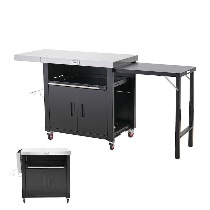 Feasto Grill Table, Outdoor Kitchen Island With 2 Foldable Side Tables, Stainless Steel Top For Outdoor Kitchen Cabinets - Black - Iron