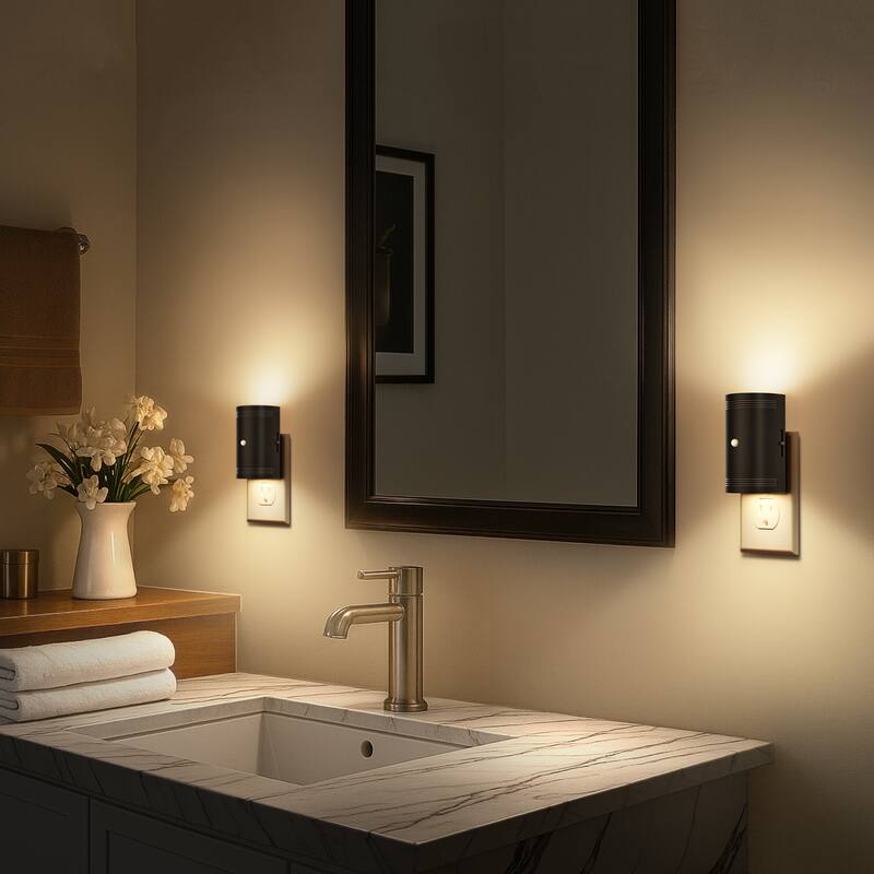 YANSUN Set of 2 Plug-in Motion Sensor Night Lights, Black Half-Moon Wall Lamps, 3000K Warm Light, Sliding Dimmer, ON-OFF-AUTO