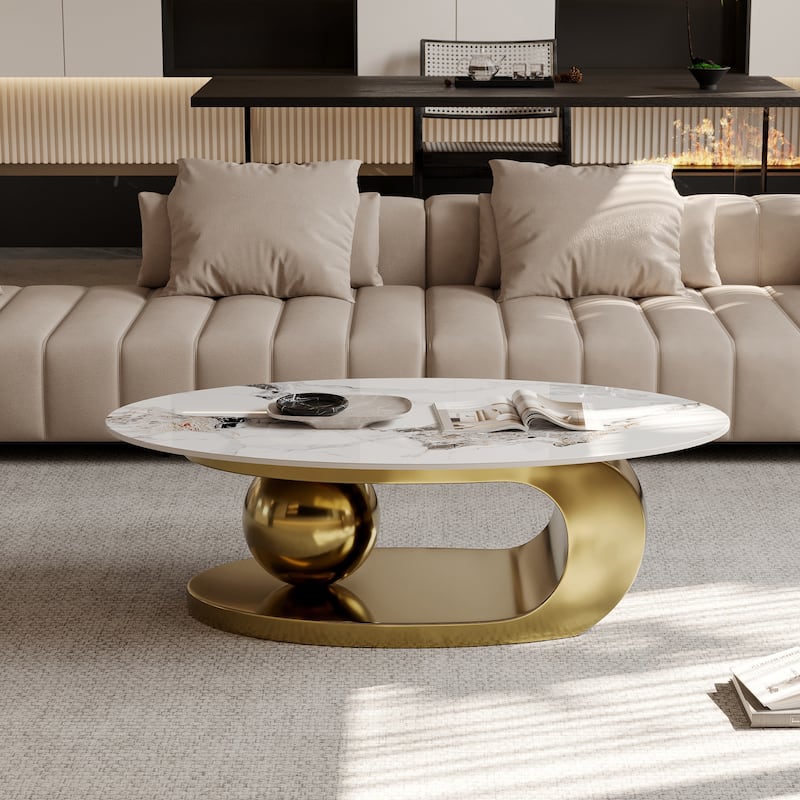 51" Modern Pandora Oval Coffee Table with Glossy Sintered stone top, Luxury Coffee Table, Stainless Steel Legs for Livingroom