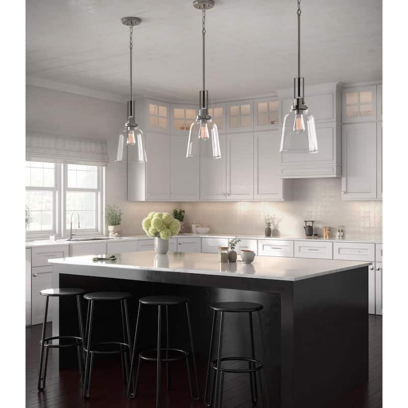 Rushton Collection 1-Light Brushed Nickel Clear Glass Industrial Pendant Hanging Light - 8.5 in x 8.5 in x 16.87 in