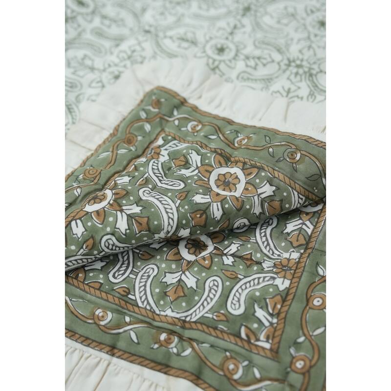 Fabdivine Luxury Hand Block Print Cotton Quilt Floral Boho Bedding for Bedroom & Sofa, Green White Handmade Reversible Bedspread