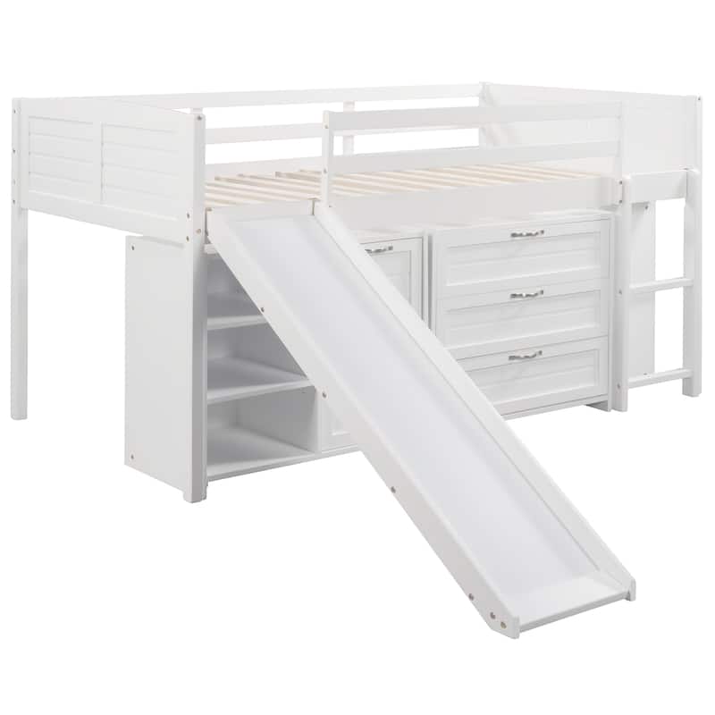 Low Twin Size Loft Bed with Cabinets, Shelves and Slide - Espresso