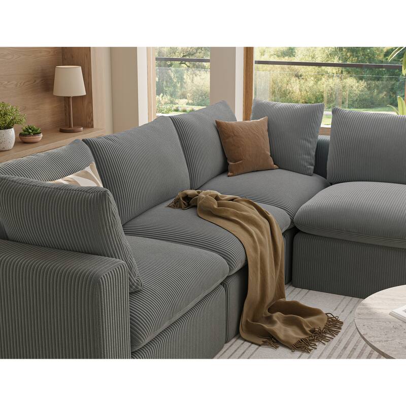 L Shape Modular Sectional Sofa, Oversized Corduroy Upholstered 4 Seater Sofa, Full Compression Deep Seat Sofa with 2 Pillows