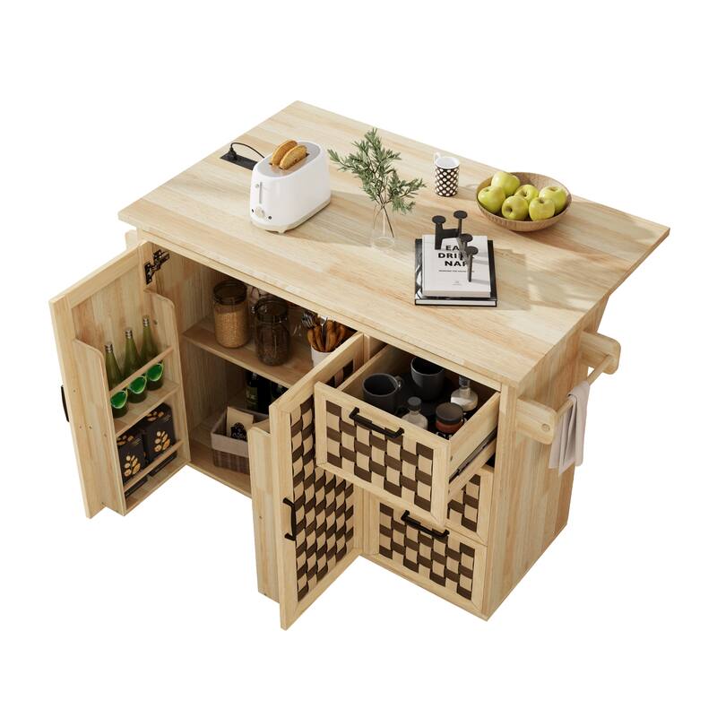 Woven Checkerboard Pattern Kitchen Island with Drop Leaf, Internal Storage Rack, 2 Cabinets & Power Outlet, Movable Kitchen Cart