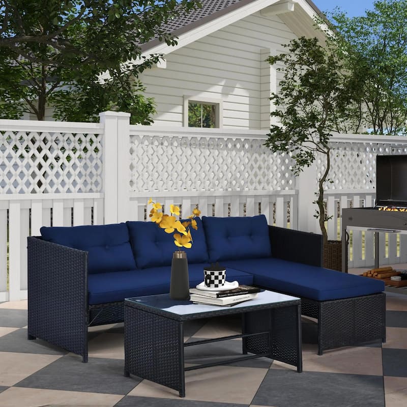 3PC PE Rattan Sectional Set, Chaise Loveseat Ottoman, Deep Cushion