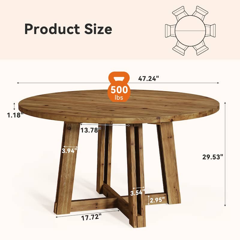 47 Inch Round Dining Table for 4-6, Solid Wood Kitchen Table with Heavy Duty Legs, Farmhouse Style - 47.24" Dia. X 29.52" H