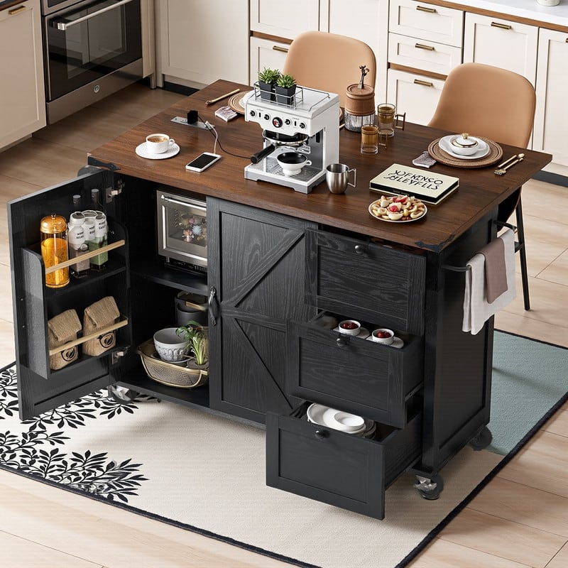 Mairi 54.5" Farmhouse Kitchen Island with Power Outlet - Black-Vertical Drawer - Wood