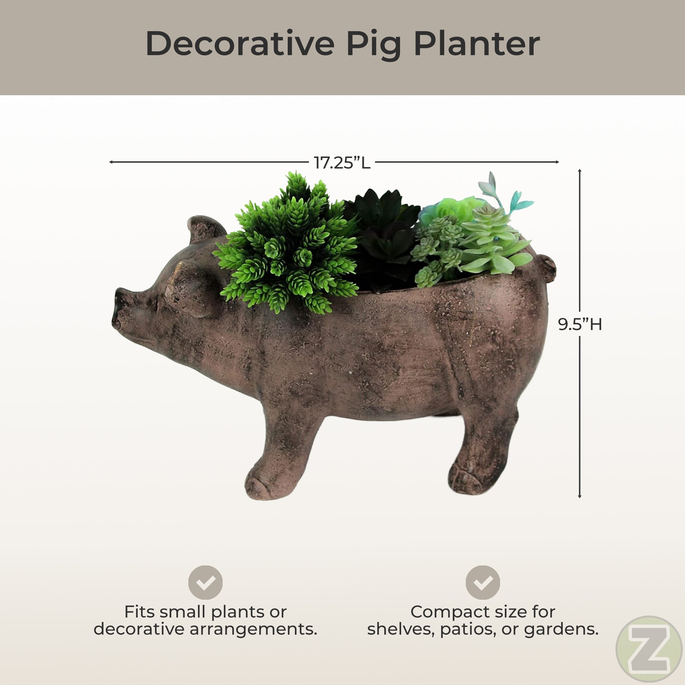 Zeckos 17 Inch Brown Finish Smiling Pig Resin Planter Plant Pot
