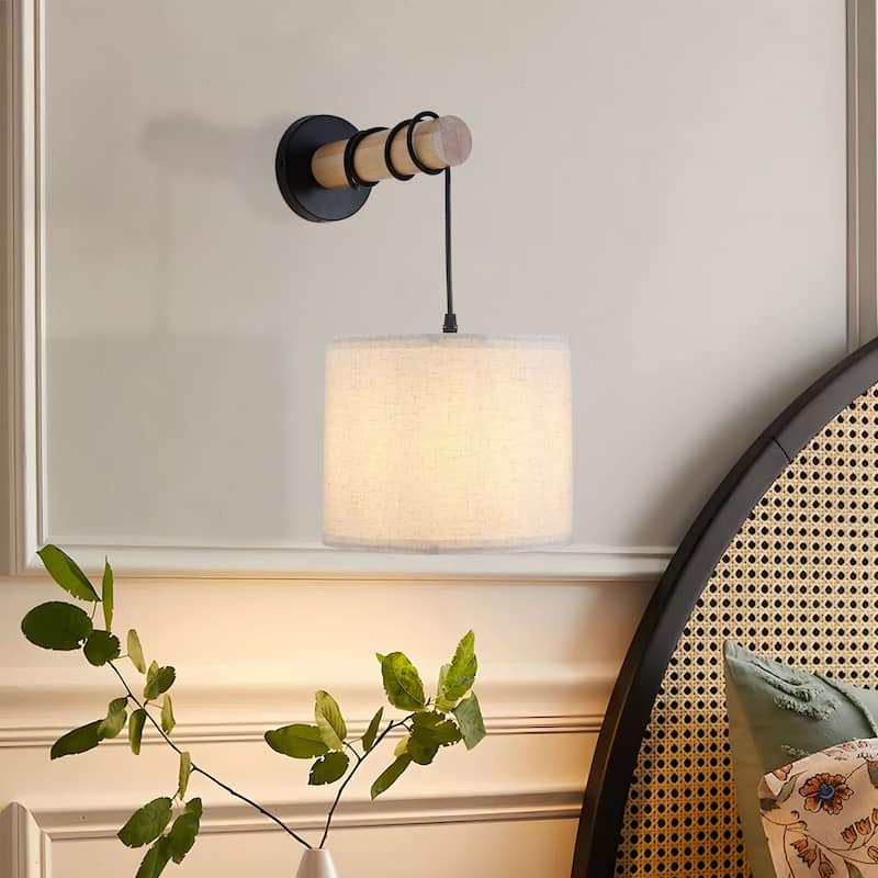 Starsky Indoor Wall Light Wall Sconces with White Fabric Linen Lampshades and Oak Wood Arm, Set of 2 - set of 2