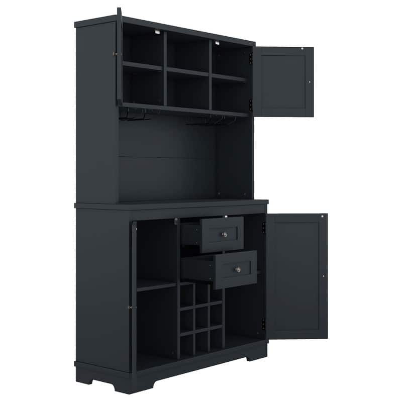 Farmhouse Home Bar Wine Storage Cabinet, Buffet Sideboard Kitchen Pantry with Adjustable Shelves, Drawers & Wine Glass Racks
