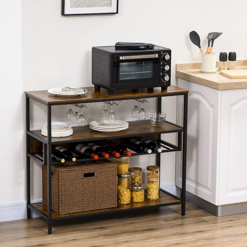 HOMCOM Industrial Wine Rack with 11-Bottles Holder, Free Standing Wine Shelf with Glass Holders, Dark Brown - Rustic Brown