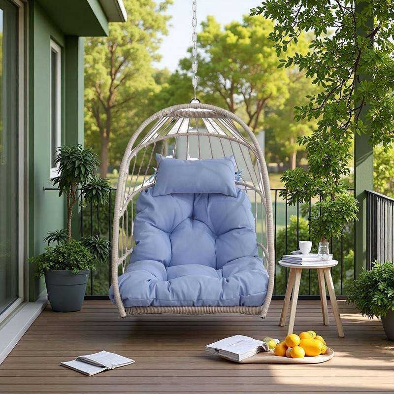 Foldable PE Wicker Hanging Chair with Removable Cushion and Weather-Resistant Design (Outdoor/Indoor Use) - Blue
