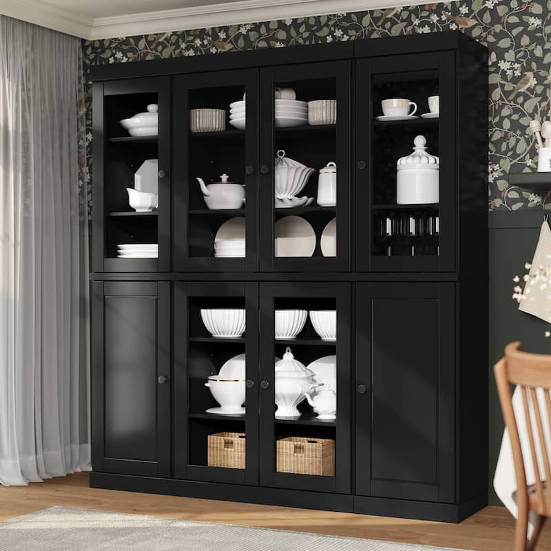 Palace Imports 100% Solid Wood 65" Kitchen China Pantry Cabinet - 65" x 71.5" - Black - 6 Clear Glass-2 Solid