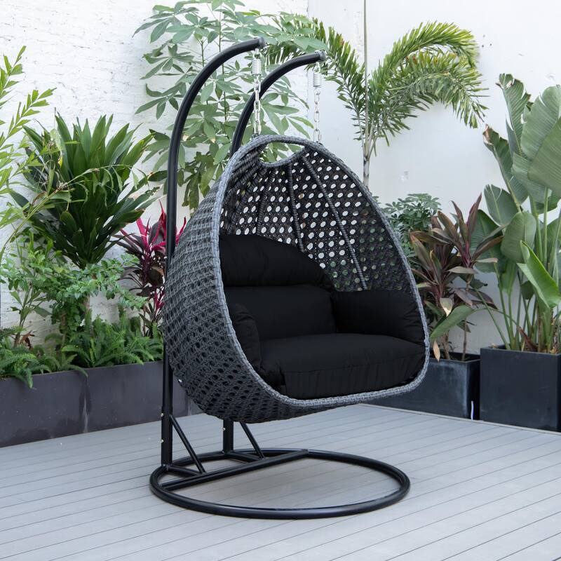 Patio 2-Person Hanging Egg Swing Chair Charcoal Wicker and Iron Frame Breathable Removable Cushion Covers by LeisureMod