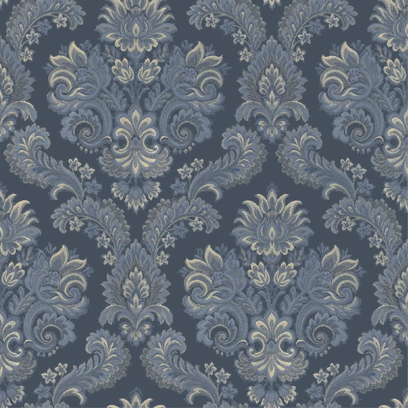 Galerie Wallcoverings Italian Style Traditional Floral Damask Vinyl on Non-woven Wallpaper Roll - 33 feet x 21 inches - Blue
