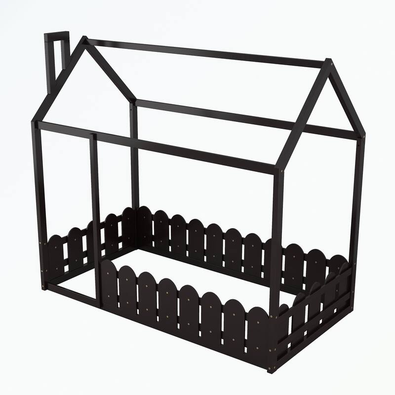 Twin Size Wood Bed House Bed Frame with Fence