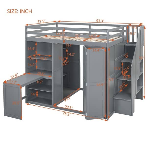 dimension image slide 1 of 2, Multi-Functional Full Size Bunk Bed with Transformative Wardrobe Space, Integrated Workspace and Shelves, Space-saving