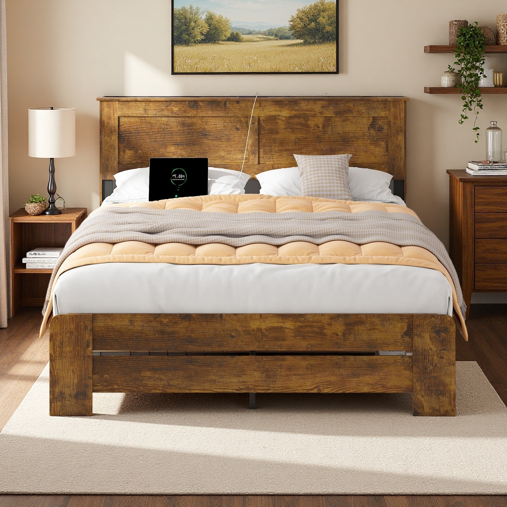 King Size Wood & Metal Farmhouse Bed Frame with Headboard Storage Shelf, LED Lights, Charging Station & Underbed Storage
