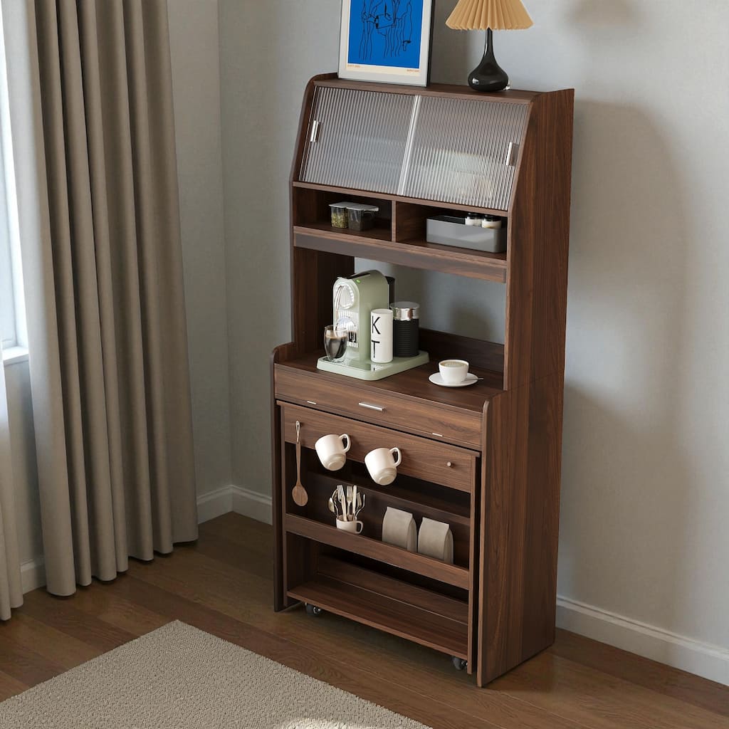 33.5" Buffet with Hutch and Foldable Dining Table, Compact Storage Cabinet with Shelves & Hooks for Small Apartments