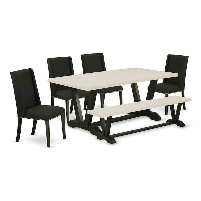 Modern 6-Piece Dining Set - Rectangular Table, 4 Chairs, Bench - Black & Linen Fabric