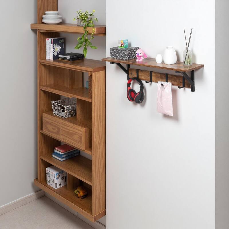 Wall Mounted Floating Coat Rack with Hooks Space Saving Entryway, Hallway, Bathroom Storage Organizer for Keys, Hats & Jackets