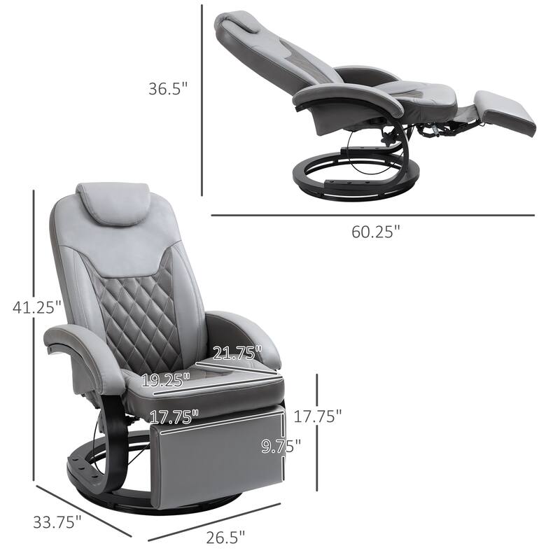 PU Leather Recliner Chair with Diamond Stitch, 135° Tilt, 360° Swivel, and Sturdy Steel-Wood Base