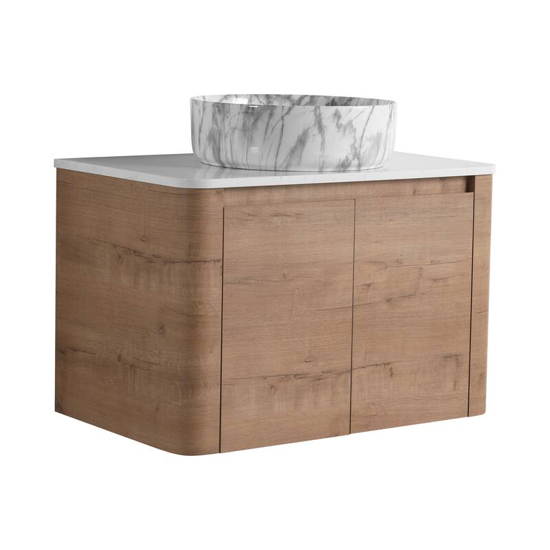 30'' Wall-Mounted Bathroom Vanity With Ceramic Art Sink & 2-Soft-Close Door, KD-Packing, Plywood