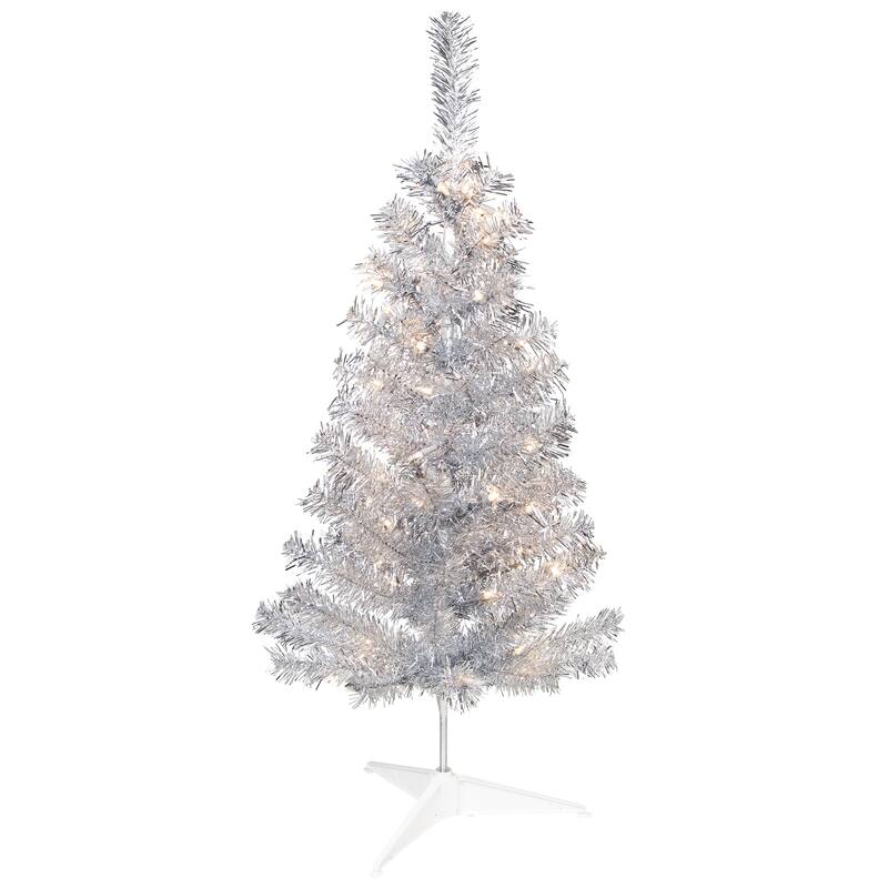 Pre-Lit Artificial Tinsel Christmas Tree - 3' - Silver - Clear Lights - 3 Foot