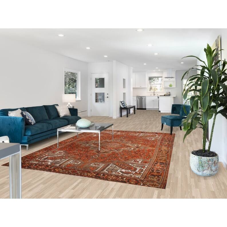 Hand Knotted Oriental 100% Wool Carpet Traditional Medallion Oranges & Rust Heriz Area Rug - 9' 6'' X 6' 10''