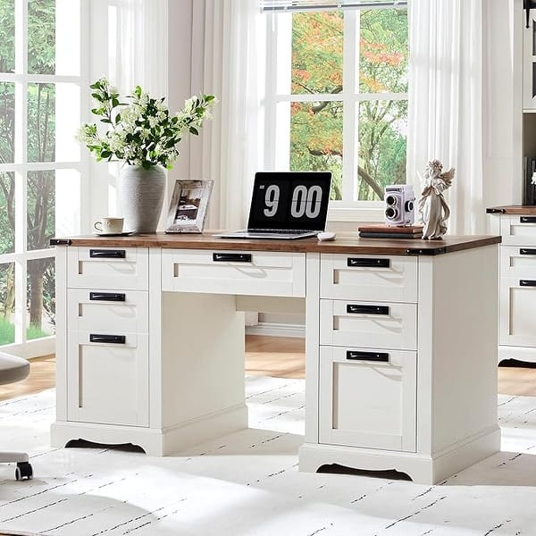 slide 2 of 30, 60" Farmhouse Executive Desk, Wood Home Office Desk, Computer Desk Antique White