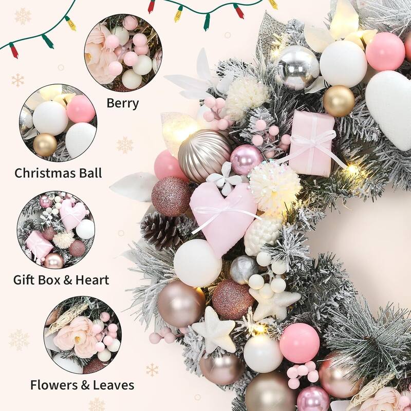 24 Inch Christmas Wreath with Lights, Pink Holiday Wreath for Front Door Decorations