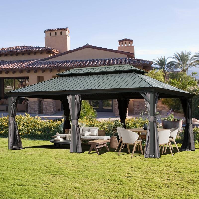 12' X 18' Hardtop Gazebo with Galvanized Steel Double Roof, Aluminum Frame, Curtains and Netting for Patio, Deck, Garden, Grey