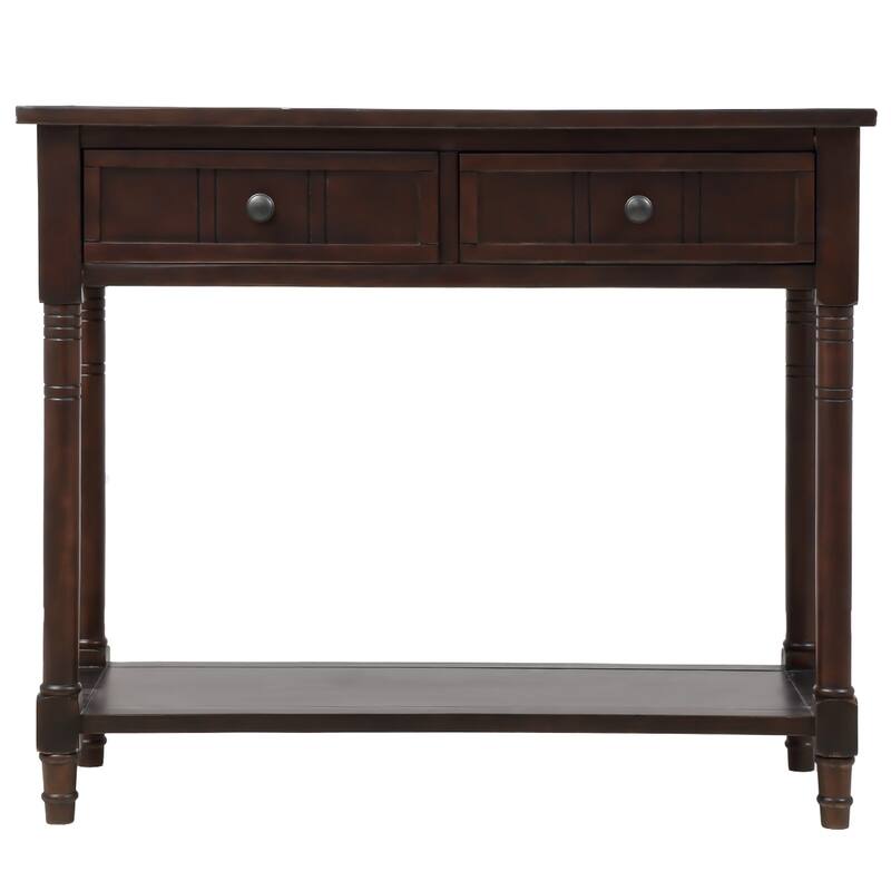 Espresso Wood 2-Drawers Console End Table with Bottom Shelf
