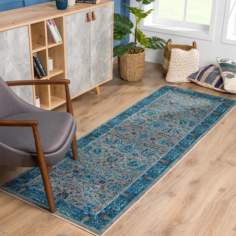 Hauteloom Mardin Oriental Persian Traditional Area Rug - 2'7" x 7'3" - Grey, Beige, Navy, Turquoise, Light Blue