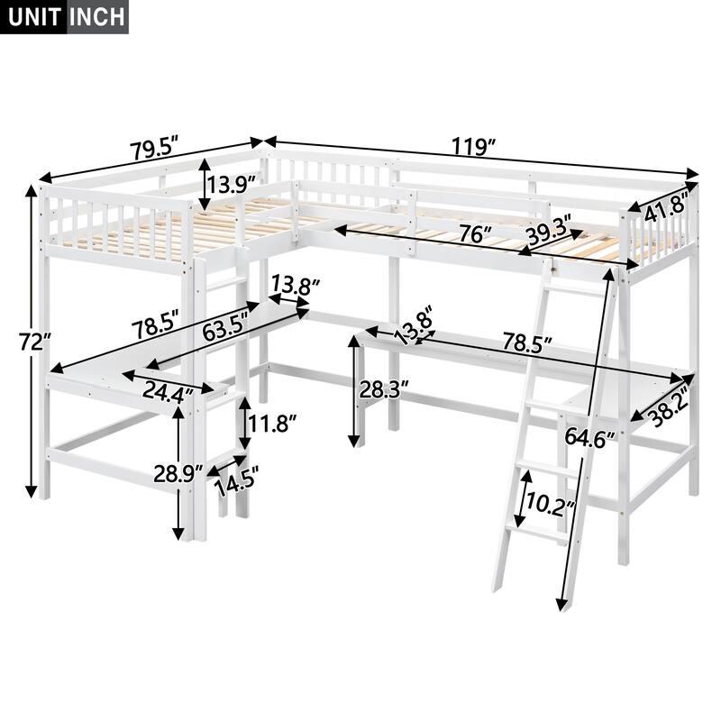Twin L-Shaped Loft Bed with 2 Built-in Desks and Ladder, Space-Saving Wood Frame