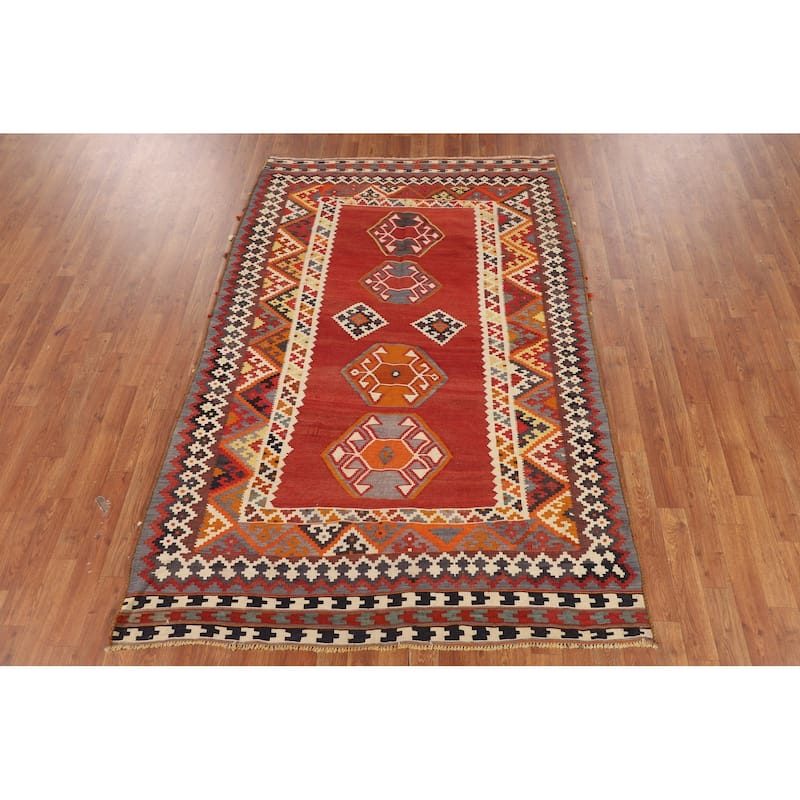 Kilim Qashqai Persian Vintage Rug Hand-Woven Orange Wool Carpet - 4'5"x 7'4"