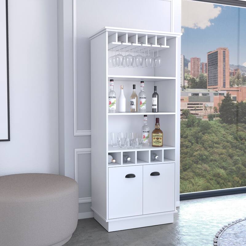 Dundee 70-Inch High 10-Glass Bar Cabinet with 5 Cubbies