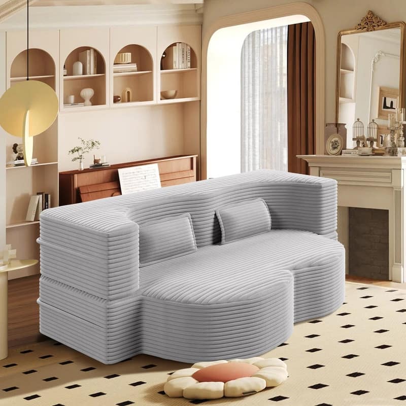 Modern 78" Full Size Convertible Corduroy Foam-Filled Sleeper Sofa,Modern Floor Sofa with 2 Pillows