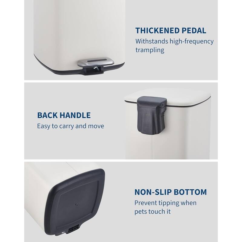 8 Gal / 30L Square Step Trash Can Stainless Steel with Lid and Inner Bucket White