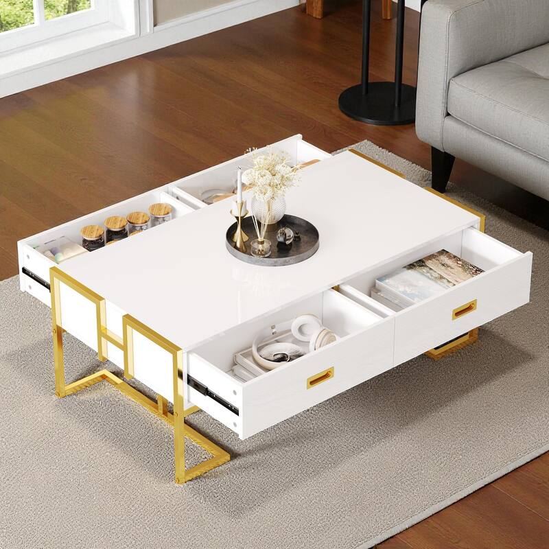 47.3'' Modern Rectangular Coffee Table with 4 Storage Drawers and Gold Metal Base for Living Room
