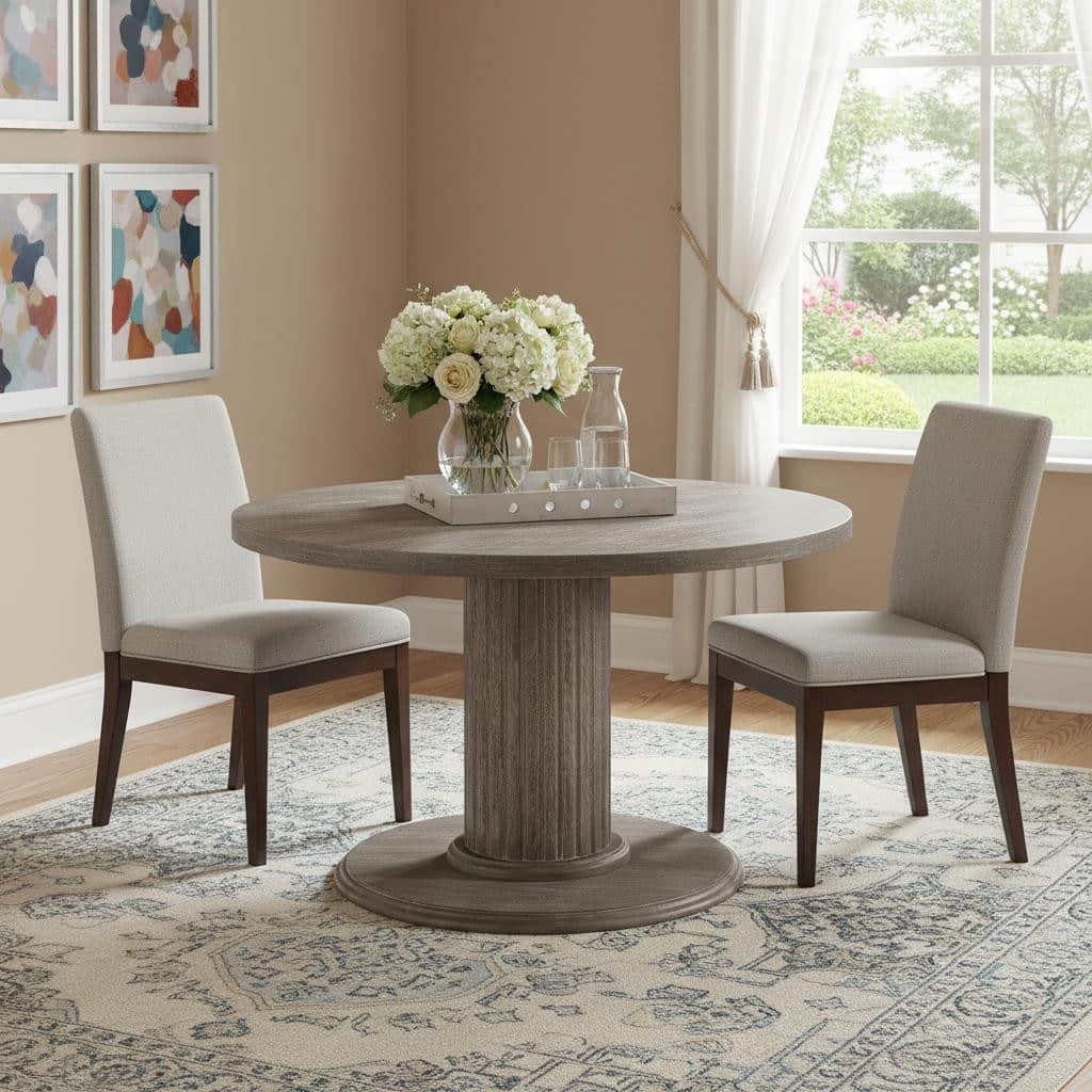 HomeRoots 47" Gray Wood Pedestal Base Round Top Dining Table - 47.00 in. x 31.00 in. x 47.00 in.