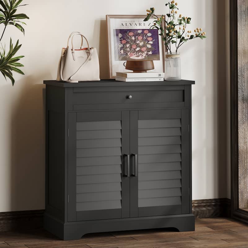 16 Pair Shoe Cabinet with Shuttered Doors, Wood Storage Cabinet with Drawer, Large Storage Entryway Accent Cabinet
