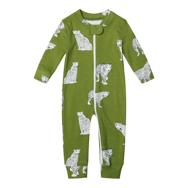 slide 2 of 5, 100% Organic Cotton Zip Footless Pajamas - Green Cheetah 0-3 Months