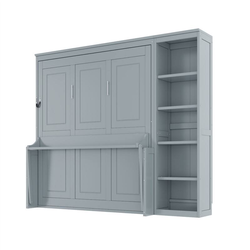 Full/Queen Size Murphy Bed with Bulit-in Desk and Bookshelf, Foldable Murphy Cabinet Bed with Open Storage Shelves